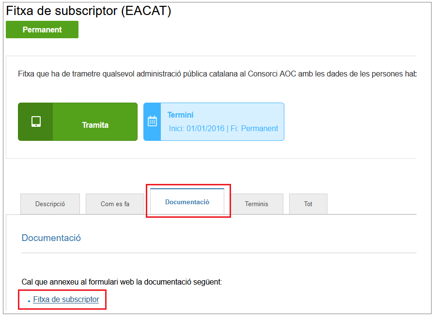 Tràmit d'EACAT amb la pestanya "Documentació" i el document seleccionats