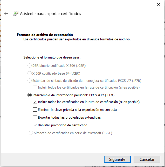 seleccionar intercambio de inofrmación personal e incluir todos los certificados y habilitar privacidad del certificado