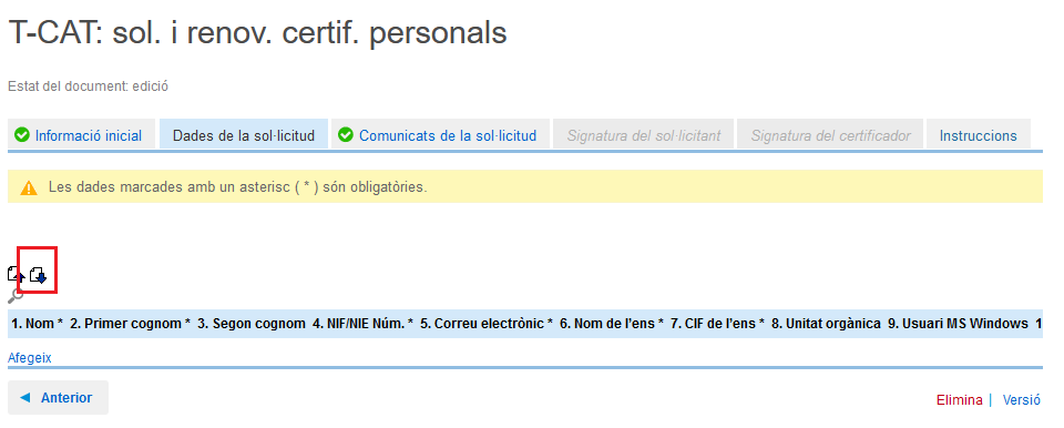 Personal certificate application and renewal section