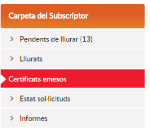 Menú certificats emesos