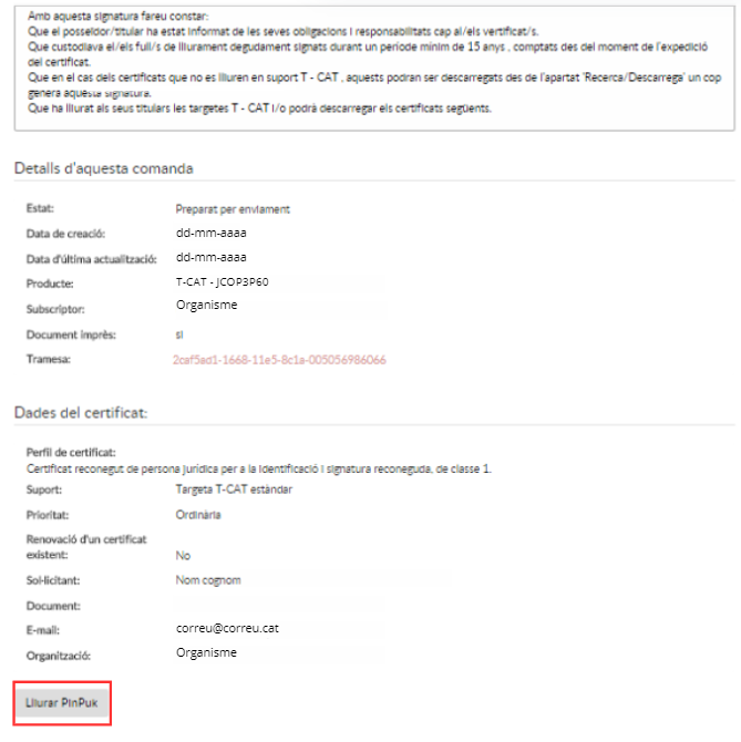 Dades certificat i lliurar pin i puk