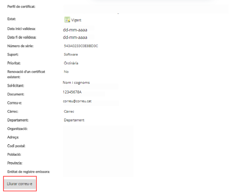 Dades certificat i botó lliurar correu-e
