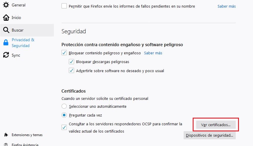 exemple del pas 1 seleccionant l'opció ver certificados